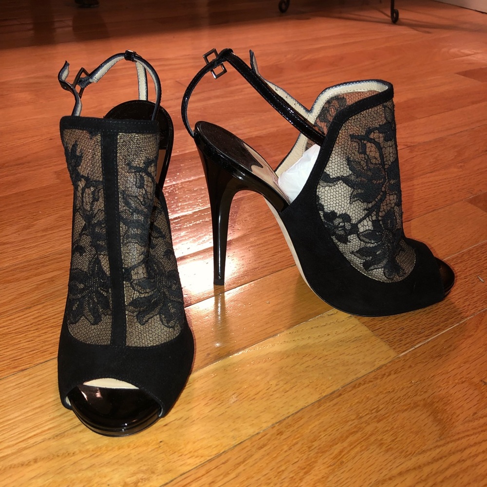 Jimmy Choo Sz 37 ‘Maylen’ Black Lace & Suede Heels